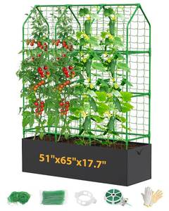 lot 13355 image: 65in Cucumber Planter with Trellis for Climbing Plants Outdoor, Metal Garden Trellis for Raised Bed, Plant Support Structures with Netting for Cucumbers Tomatoes Beans Peas (50  17  65inch(LWH)