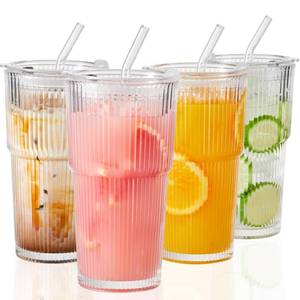 lot 13372 image: Wells 20oz Glass Cups with Lids and Straws, Ribbed Iced Coffee Cups, Thickened Drinking Glass Tumbler, Ideal for Coffee, Smoothies, Cocktails, and Juices, Clear, Set of 4