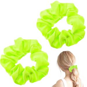 lot 14061 image: Green Scrunchie 2PCS Neon Scrunchie 80s Hair Accessories for Women Girl Solid Colors Elastic Hair Ponytail Holder for Party Outfits Workout Costumes and Ponytail Styling (Green)