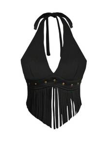 lot 14071 image: MakeMeChic Womenfts Fringe Faux Suede Halter Tops Western Concert Outfits Sz M