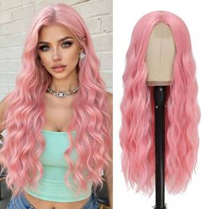 lot 14076 image: Pink Wig Long Pink Wavy Wigs for Women 26 Inch Middle Part Pastel Pink Wig