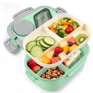 lot 14079 image: Tinaforld Adults Bento Lunch Box,Salad Container Large 43oz Salad Bowl, Bento-Style Tray for Toppings, 3oz Sauce Container for Dressings, and Built-In Reusable Fork (Green)