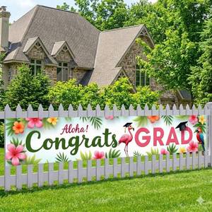 lot 14089 image: Aloha Congrats Grad Banner 2026 Large Tropical Hawaiian Graduation Party Decorations Pink Flamingo Graduation Backdrop for Aloha Summer Party Decorations Sipplies Outdoor