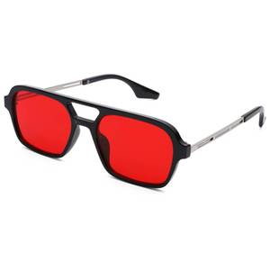 lot 14099 image: Pro Acme Vintage 70s Flat Pilot Sunglasses for Women Men, Small Frame Rectangular Glasses UV400 Protection Shades (Black Frame  Red Lens)