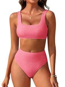 lot 14110 image: ANRABESS Women� Two Piece Bikini Sets, High Waist Square Neck Swimsuits, Ribbed Textured Comfy Bathing Suits, Beach Swim Wear Coral Pink Medium