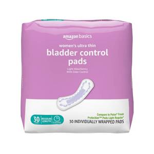 lot 14113 image: Amazon Basics Womenfts Incontinence Pads, Bladder Control and Postpartum, Light Absorbency, Unscented, 2 Pack 60 Count Total