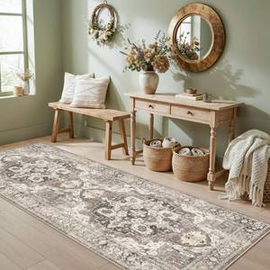 lot 19552 image: YOUFORTONG Washable Runner Rug 3x8 Soft Thin Kitchen Runners Non Slip Rubber Backing Stain Resistant Carpet for Hallways Indoor Vintage Floor Mat Home Decor for Bedroom Entryway (Beige, 3X8)