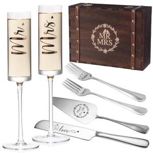 lot 19555 image: Physkoa Engagement Gifts for Couples-Mr and Mrs Champagne Glasses with Keepsake Box,Cake Knife and Server-Perfect Wedding, Engagement, or Bridal Shower Gift for Couples