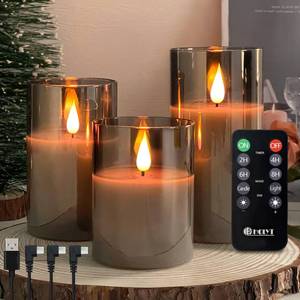 lot 19566 image: LEDHOLYT Rechargeable Flameless Grey Glass Candles�Gifts for Women,�Set of 3, Realistic Flickering LED Light,Remote and Timer, Ideal for Living Room, Bedroom and Festival Home Party Decor