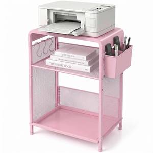 lot 19574 image: ECOLOVI Small 3 Tier Printer Stand for Under Desk, Height Adjustable Shelf Printer Table with 3 S-Hooks and Basket, Heavy Duty Industrial Storage Shelf for Home Office (Pink)