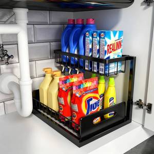 lot 19582 image: REALINN Under Sink Organizer, L-Shaped Pull Out Cabinet Organizer, Kitchen
