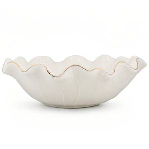 lot 20238 image: 10 Inch White Ceramic Decorative Bowl, Large Shallow Bowl with Ruffle Lotus and Gold Trim - Fruit Display for Kitchen Counter, Modern Dining and Coffee Table Decor Centerpiece, Ideal Housewarming Gift 