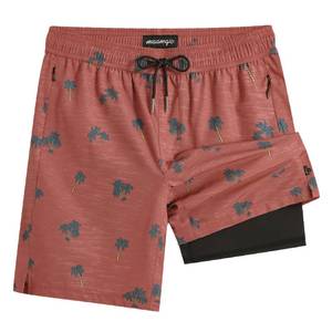 lot 20286 image: maamgic Mens Swim Trunks with Compression Liner 9 Inch Recycled Stretch Bathing Suit with Zipper Pockets Quick Dry Swim Short Red Coconut Tree Medium