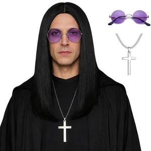 lot 20316 image: Wallden Hair 80s Long Black Rocker Wig  Glasses  Cross Necklace  Wig Cap for Men Straight Middle Part Heavy Metal Synthetic Costume Wigs for Party Cosplay Halloween (4pcs Set)