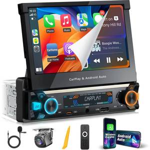 lot 20324 image: SOOEMAKA Single Din Touchscreen Radio Motorized Flip Out 7in QLED Carplay (TOUCH SCREEN NOT INCLUDED)