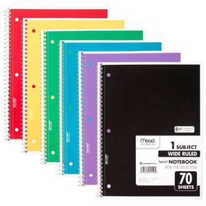 lot 20373 image: Mead Spiral Notebook, 5 Pack, 1 Subject, Wide Ruled Paper, 7-12in x 10-12in, 70 Sheets per Notebook, Colors Will Vary (930201-ECM25)