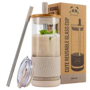 lot 20374 image: Pandaloo� Glass Cups With Lids and Straws -20 Fl Oz- Perfect Size Iced Coffee Cup - Smoothie Cup With Bamboo Lid and On the go Lid (Creamy Mushroom, 1 Count (Pack of 1)
