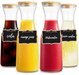lot 1324 image: Tinaforld Glass Carafe with Bamboo Lid, Round 35 Oz Beverage Dispensers Carafe, Mimosa Bar Supplies, Round Clear Glass Pitcher with Name Labels for Iced Tea, Coffee, Juice(Set of 4)