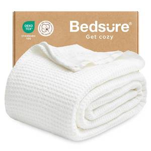 lot 1330 image: Bedsure 100% Cotton Twin XL Blanket, Waffle Weave, White, 66x90