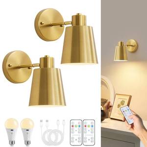 lot 1333 image: Gold Battery Operated Wall Sconces Set of Two with Remote, Rechargeable Battery Powered Wall Lights, 3 Color Temperature, Dimmable, Modern Wireless Wall Lamps for Bedroom Living Room Hallway