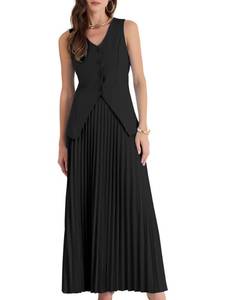 lot 2333 image: Allegra K Womens 2 Piece Summer Outfits V Neck Sleeveless Button Vest Maxi Pleated Skirts Set Medium Black