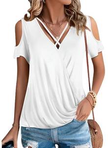lot 2342 image: LEIYEE Womens Summer White Cold Open Shoulder Tops 2026 Trendy Sexy Casual Short Sleeve Wrap V Neck T Shirts Cute Loose Blouse L