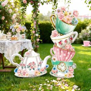 lot 2387 image: Panelee Wonderland Tea Party Yard Decoration, Wonderland Garden Yard Sign Stand Set Stacked Teacups and Teapot with Brackets for Tea Party Birthday Halloween Outdoor Decoration(Elegant Style)