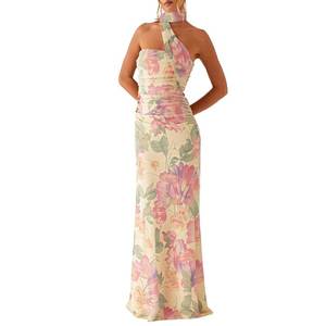 lot 2392 image: Women Summer Floral Formal Wedding Guest Dress Strapless Tube Dress with Scarf Summer Cocktail Long Maxi Dresses (Pink, Small)