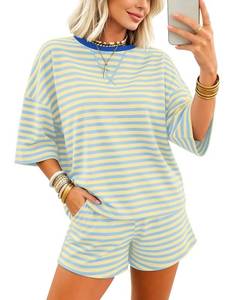 lot 2451 image: MISSACTIVER Womens 2 Piece Lounge Sets Striped Oversized Matching Tops and Shorts Summer Workout Vacation Outfits Pajamas Set L