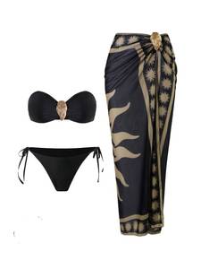 lot 2470 image: SHENHE Womens 3 Piece Swimsuits Metal Ring Tie Side Bandeau Bikini Set with Cover Up Long Skirt Black Small