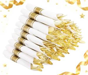 lot 5905 image: Supernal Gold Plastic Silverware with Napkins 60 Pack