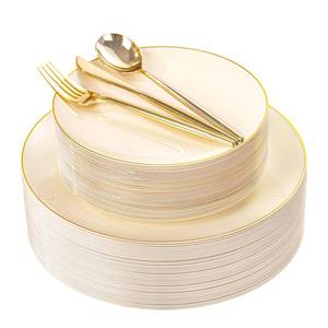 lot 5906 image: 150Pc Ivory & Gold Plastic Dinnerware Set