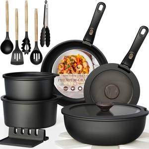 lot 7424 image: Astercook 21 Pcs Pots and Pans Set Non Stick, Ceramic Cookware Set Detachable Handle, RV Kitchen Cooking Set Removable Handles, Oven Safe, Induction Ready, Stackable, Black, Fathers Day Gift for Men