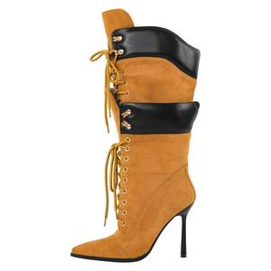 lot 7427 image: Richealnana Womens Double Lace Pointed Toe Stiletto High Heel Lace Up Strappy Knee High Boots Sexy Shoe Lace Slim Heel Fashion Cool Biker Cosplay Tall Boots Yellow US 8