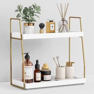 lot 7429 image: Forbena Bathroom Organizer Countertop, Counter Organizer for Bathroom Decor, Wooden Sink Shelf for Vanity Storage, Makeup Tray for Perfume Skincare Bedroom Kitchen Corner (2 Tier, White and Gold)