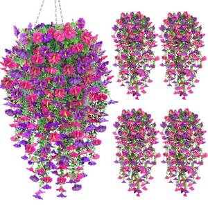 lot 9374 image: 4PCS Artificial Hanging Flowers for Outdoors, Fake Hanging Plants Outdoor UV Resistant Faux Petunias Eucalyptus Realistic Silk Flowers for Planter Porch Garden Balcony Yard Indoor (Purple Fuchsia)