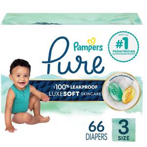 lot 9399 image: Pampers Pure Baby Diapers, Size 3 (16-28 lbs), 66, Up to 100% Leakproof, Premium Hypoallergenic Soft Diapers