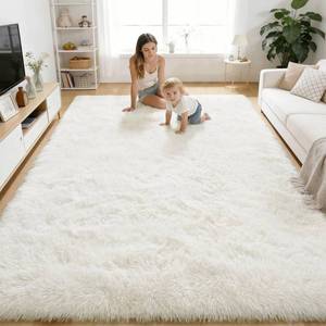 lot 9406 image: OLANLY Area Rugs for Living Room Bedroom, Machine Washable 4x5.9 ft Soft Fluffy Shaggy Bedside Rug, Indoor Floor Carpet for Kids Girls and Boys, Dorms, Nursery Rooms, Home Decor Aesthetic, Ivory