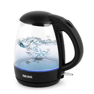 lot 9411 image: AROMA� 1.2L  5-Cup Glass Electric Kettle with Cordless Pouring, Trigger-Release Lid, Automatic Shut-off, Black (AWK-151B)