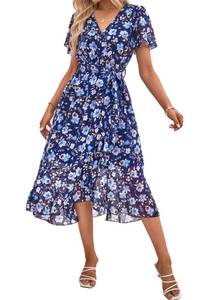 lot 10049 image: PRETTYGARDEN Womens Summer Floral Boho Maxi Dress, Navy White Floral,L