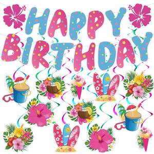 lot 10104 image: Hibiscus Birthday Party Decorations Happy Birthday Banner with Luau Hibiscus Flower Hanging Swirls Pink Blue Hawaiian Tropical Themed Party Supplies Tropical Luau Summer Decorations