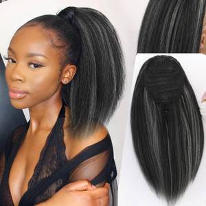 lot 10108 image: LEOSA Highlighted Ponytail Extension 14inch Yaki Drawstring Ponytails for Black Women Short Kinky Straight Ponytail Black Mixed Gray Hair Pieces Natural 4c Clip on Pony tails Hair Extensions