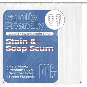 lot 10141 image: downluxe Clear Shower Curtain Liner with Hooks, 36x72, 6 Metal Hooks