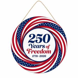 lot 10152 image: 250th Anniversary Door Sign - 1776-2026 USA Semiquincentennial Patriotic Wreath, 4th of July Wooden Door Hanger, Independence Day Wall Decor for Home Front Porch Outdoor Hanging Ornament - D07