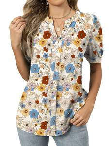 lot 10158 image: Kistore Tops for Women Trendy Summer Chiffon Blouses V Neck Short Sleeve Top Business Casual Shirts Apricot Floral S