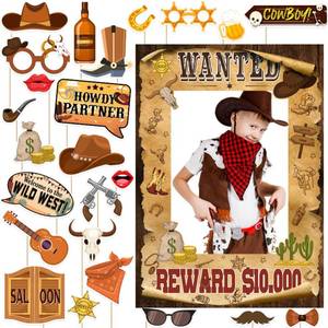 lot 10162 image: SKJIAYEE 25 Pcs Brown Western Cowboy Cowgirl Party Decorations - Large Size Western Wanted Photo Booth Frame and Wild West Photo Booth Props Set for CountryCowgirl BacheloretteRustic Party Supplies