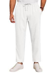 lot 10163 image: Runcati Mens Casual Pants Drawstring Elastic Waist Lightweight Cropped Linen Pants Summer Yoga Beach Trousers White