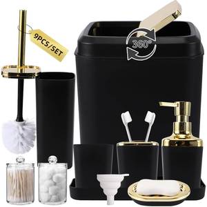 lot 11951 image: XLHOMO 9-Piece Bathroom Accessory Set, Black and Gold