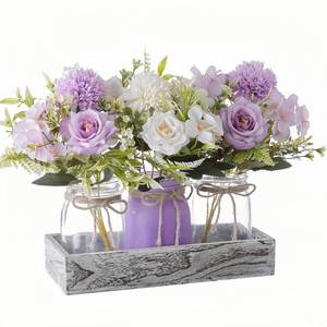 lot 13376 image: LUEUR Mason Jar Lights Centerpiece with Purple Rose in Wood Tray