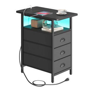 lot 13394 image: sthmec End Table with Charging Station,LED Side Tables with USB Ports and Outlets,Narrow Nightstands Bedside Tables with 3 Drawers PU Finish for Small Space,Slim Sofa Table for Livingroom,Black